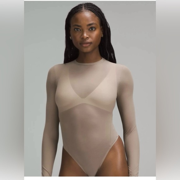 Lululemon Beige Taupe Wundermost Nulu Mesh Crewneck Bodysuit - Picture 1 of 10